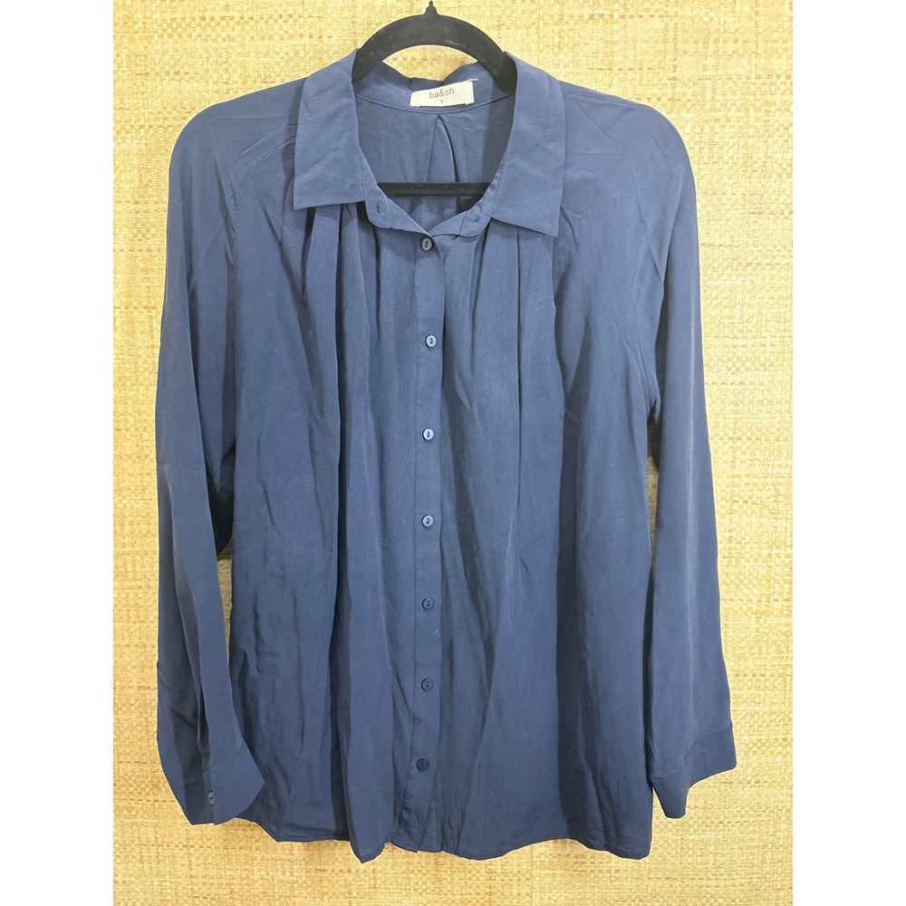 ba&sh Walton 100% Silk Navy Blue Pleated Button Down Blouse Size 1 Small